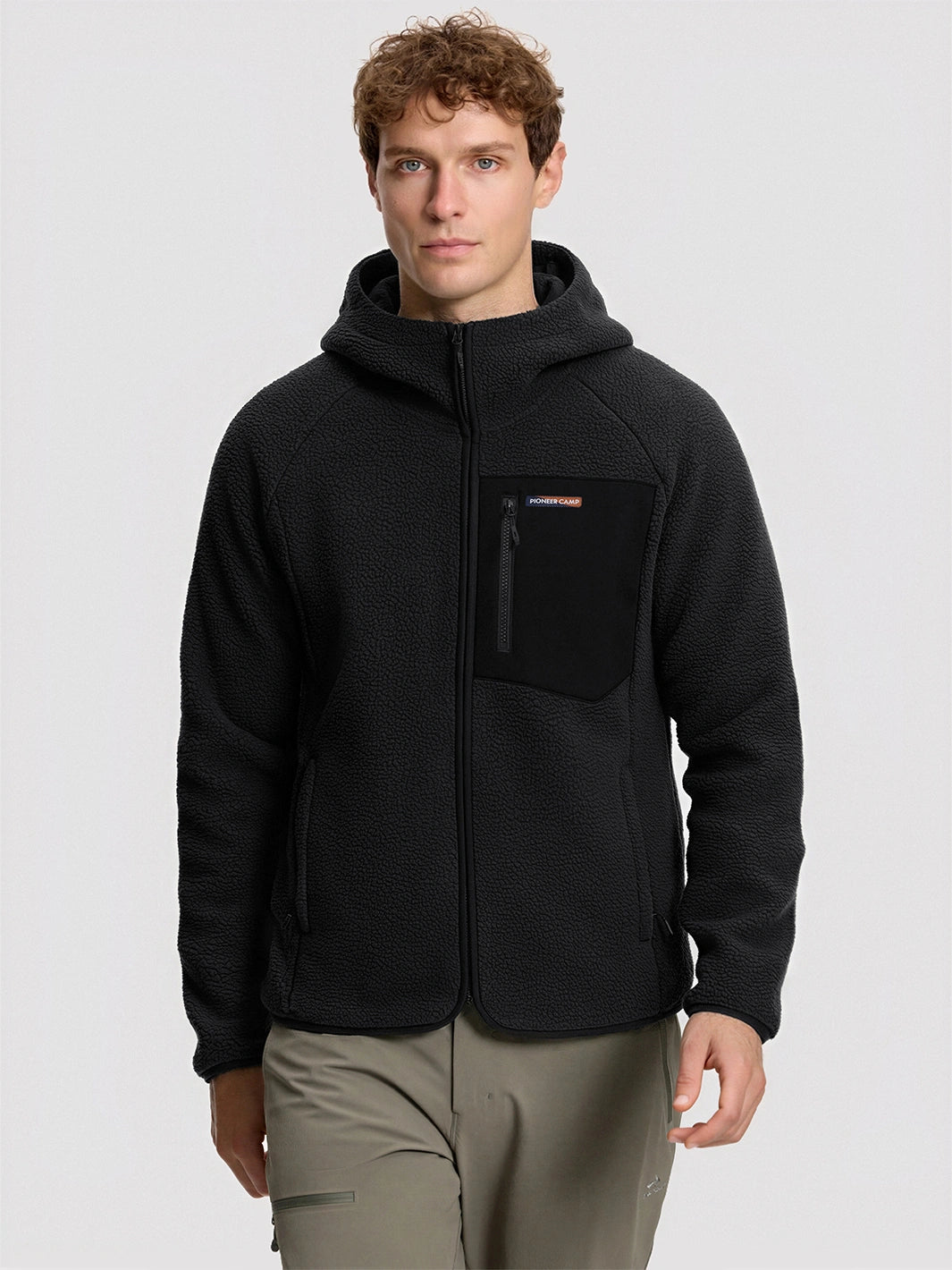 Men's Sherpa Fleece Full-Zip Hooded Jacket with Chest Pocket PIONEER CAMP