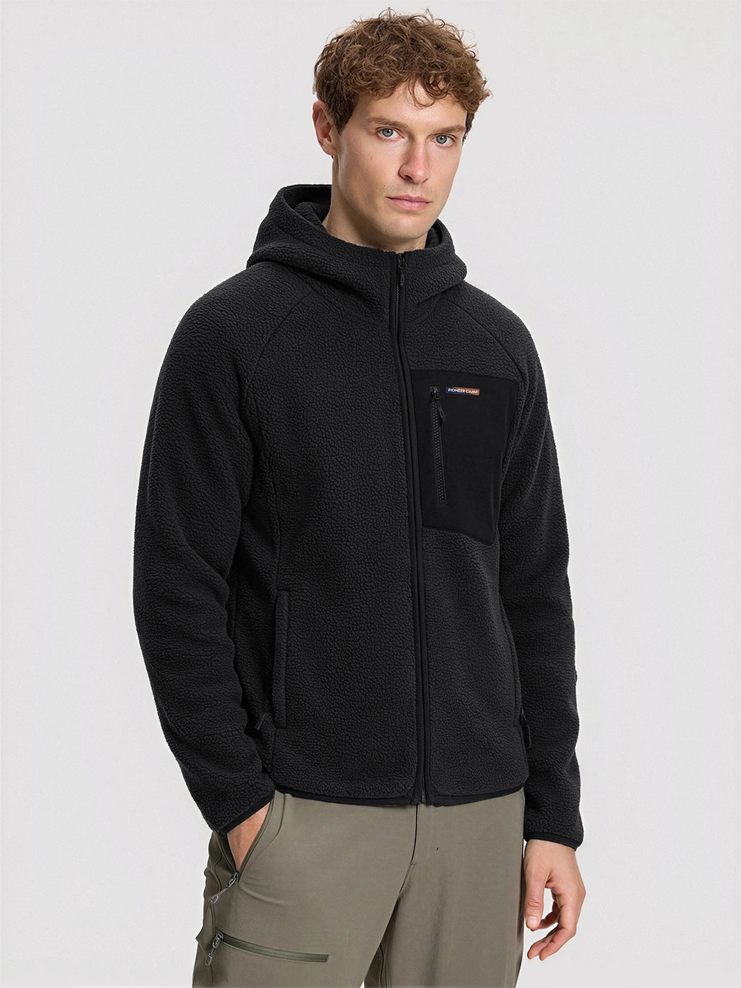 Men's Sherpa Fleece Full-Zip Hooded Jacket with Chest Pocket PIONEER CAMP