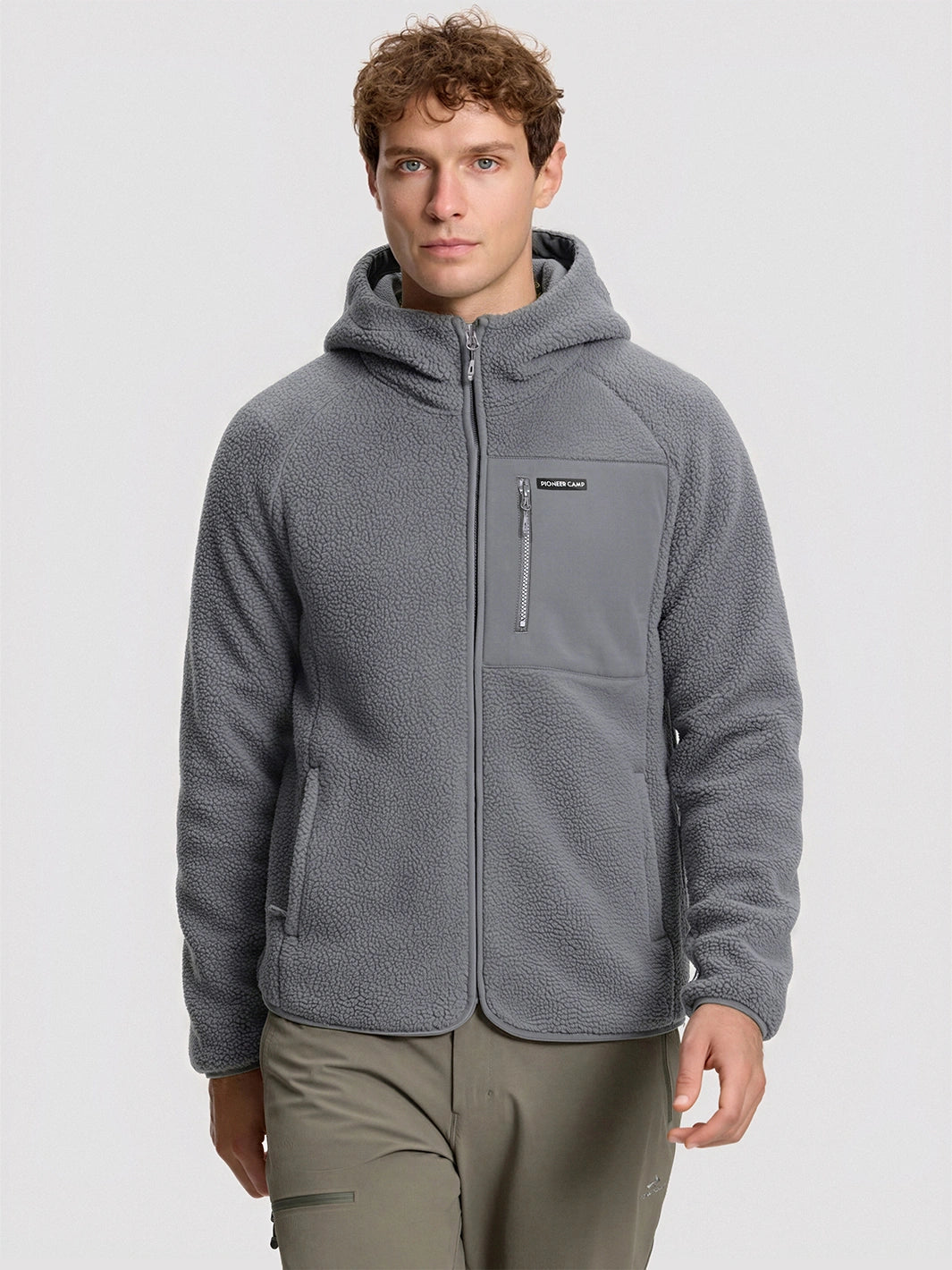 Men's Sherpa Fleece Full-Zip Hooded Jacket with Chest Pocket PIONEER CAMP