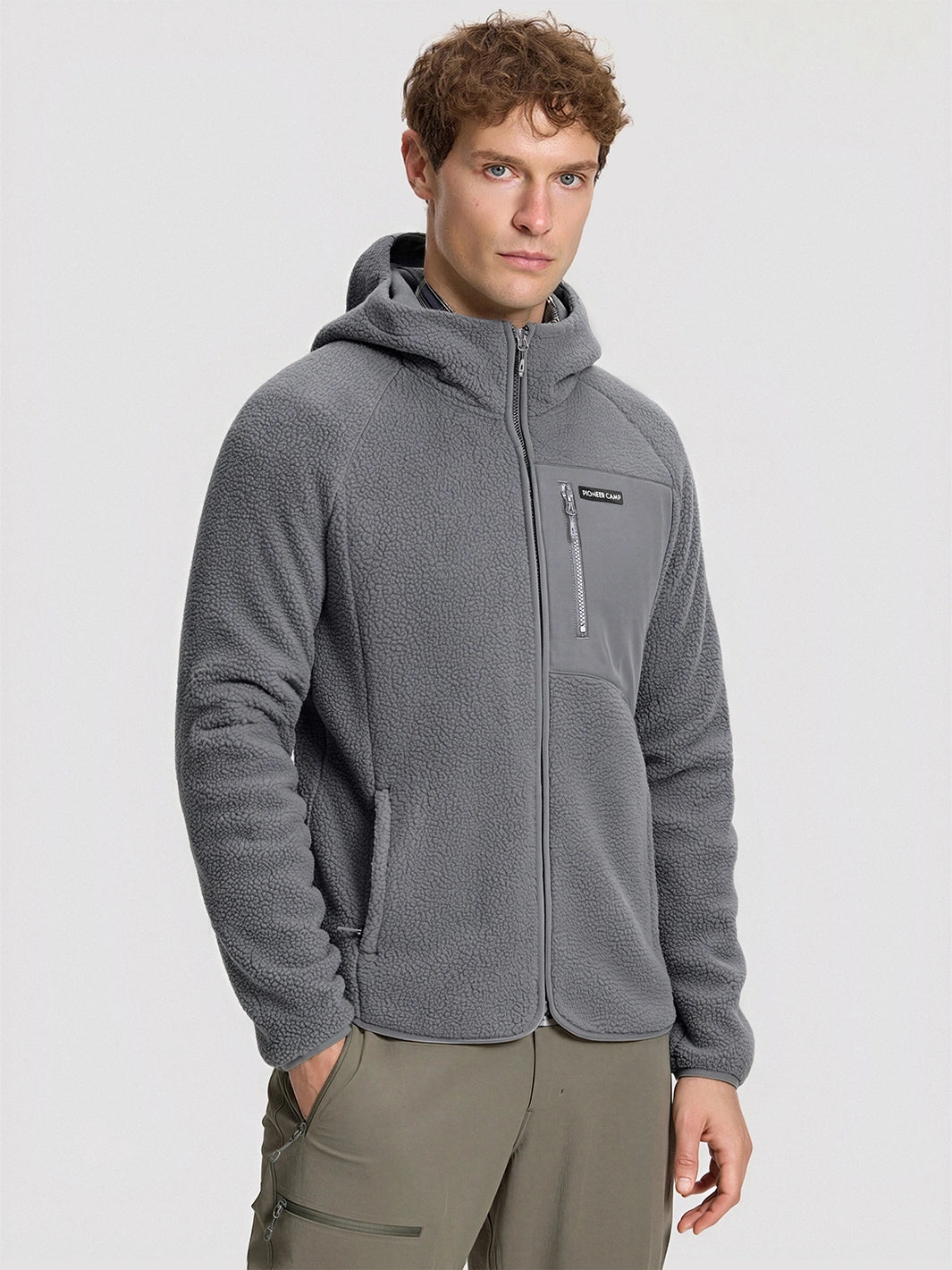 Men's Sherpa Fleece Full-Zip Hooded Jacket with Chest Pocket PIONEER CAMP