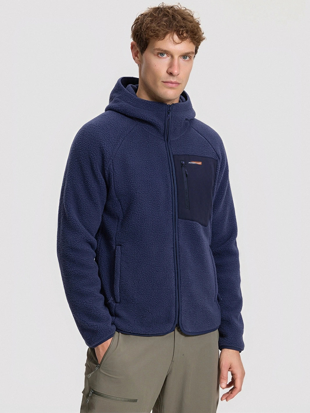 Men's Sherpa Fleece Full-Zip Hooded Jacket with Chest Pocket PIONEER CAMP