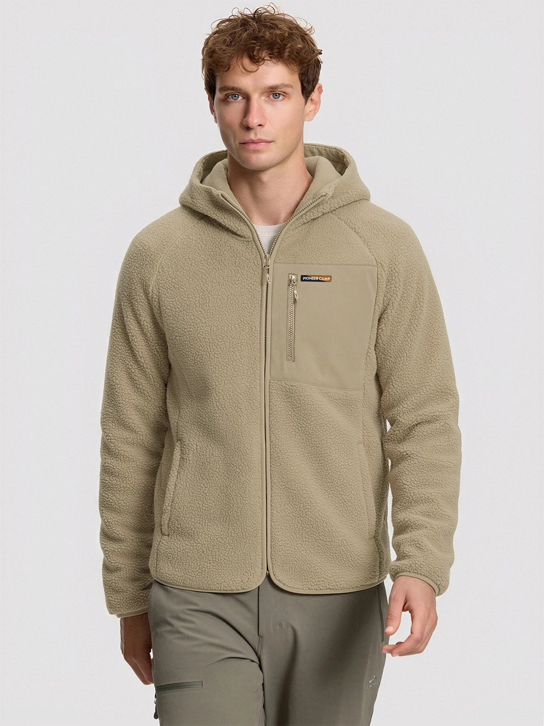 Men's Sherpa Fleece Full-Zip Hooded Jacket with Chest Pocket PIONEER CAMP