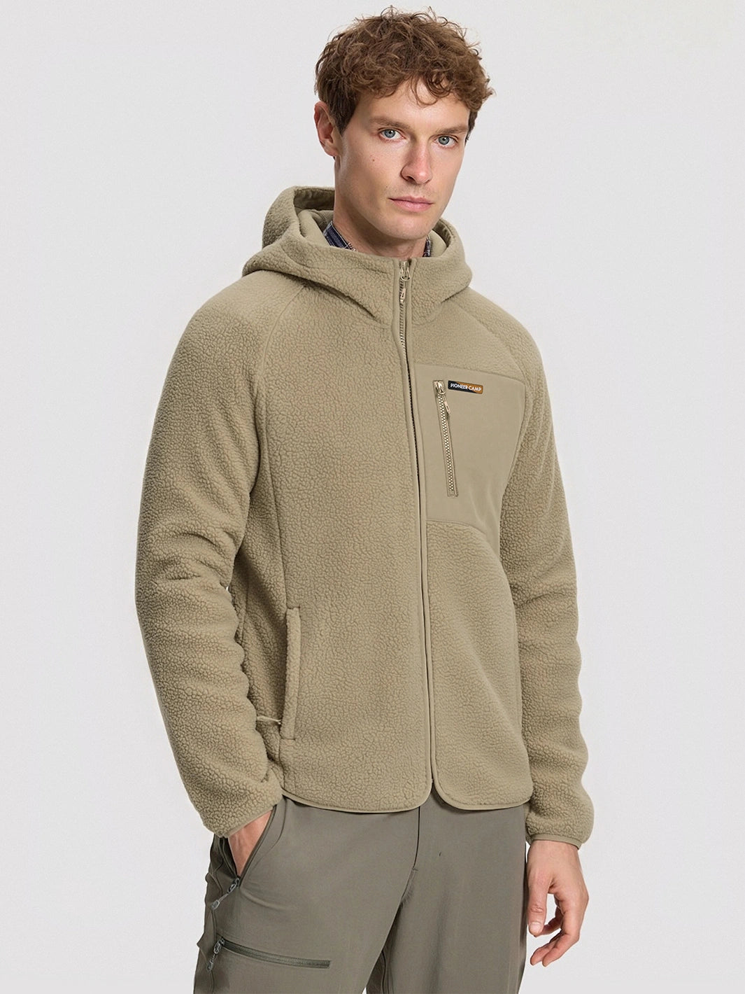 Men's Sherpa Fleece Full-Zip Hooded Jacket with Chest Pocket PIONEER CAMP