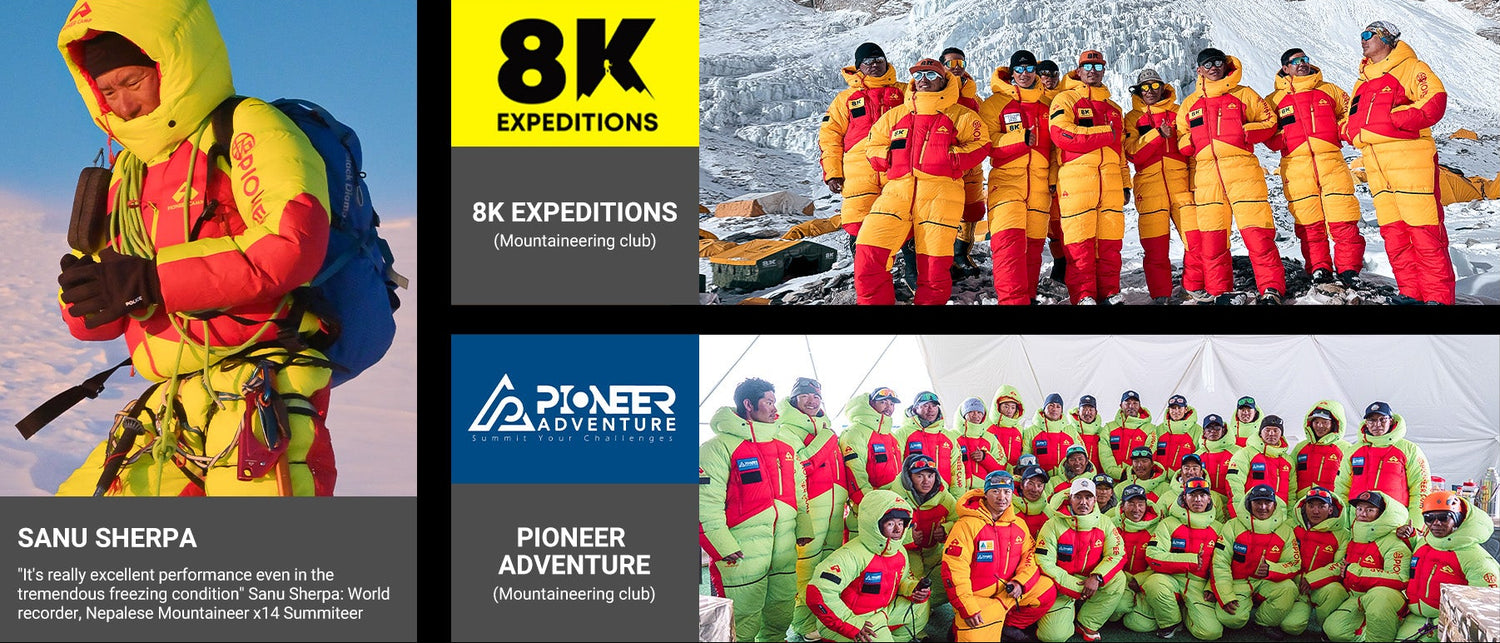 Collage of images featuring 8K Expeditions with people in outdoor gear and equipment.